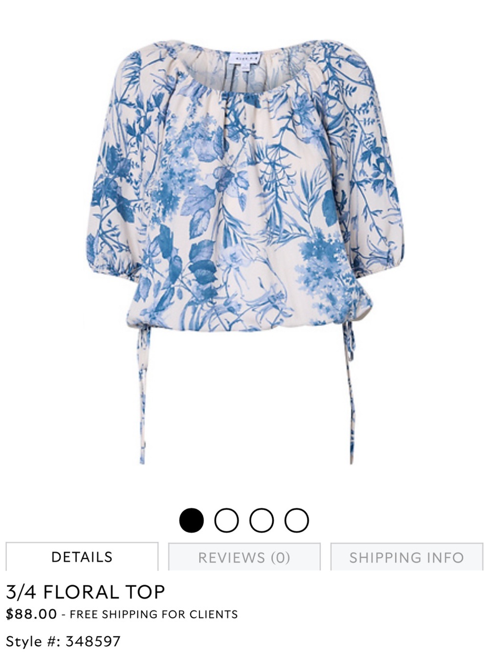 Olivia grey Blue Floral 3/4 Sleeve Peasant Blouse with Drawstring